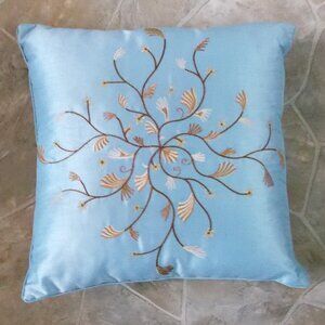 Pale Blue Embroidered Floral Throw Pillow 16 x 16 - Stratford Home